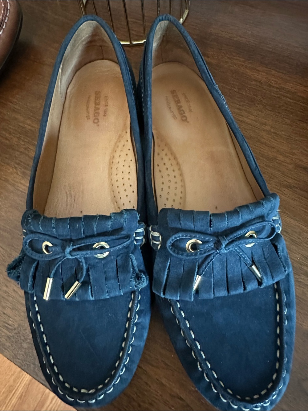 Sebago Navy Suede Fringe Moccasins with Bow & Gold Accents. Size 9 US